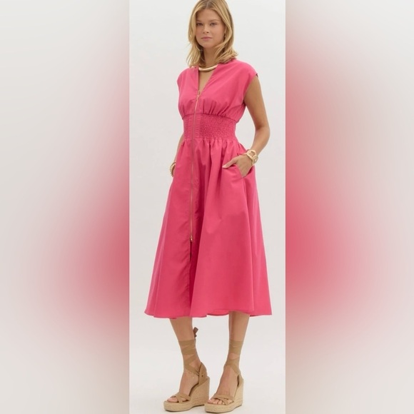 Anthropologie Dresses & Skirts - Anthropologie The Tommie Cap-Sleeve Smocked Front-Zip Shirt Dress Size LP NWT
